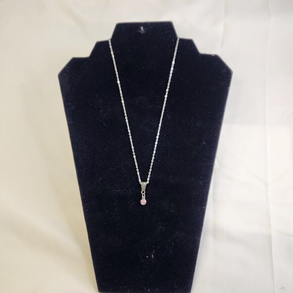 Silver Toned Necklace with Pink Crystal/ Artificial Diamond, Handcrafted - Picture 2 of 4